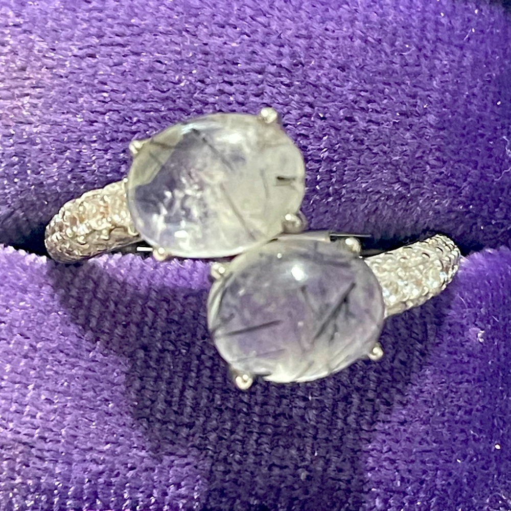 Imported 925 Genuine Natural Black Rutile Cabochon Crossover Ring Sz9 NWT